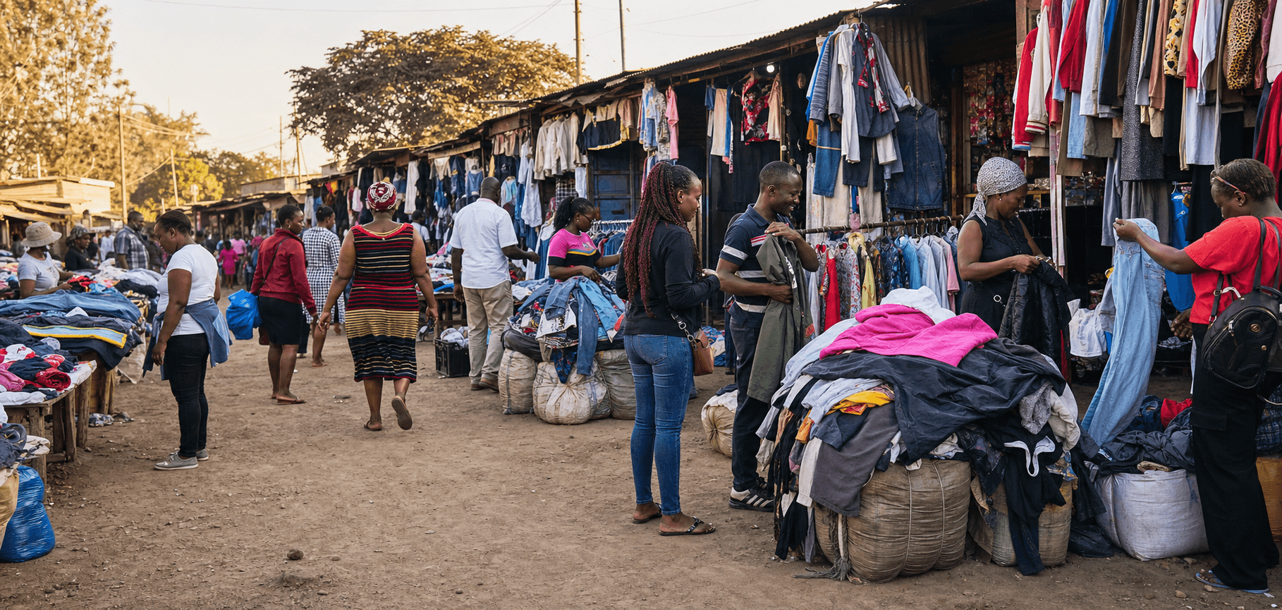 Black shoppers browsing Mtumba clothing at an outdoor Kenyan market